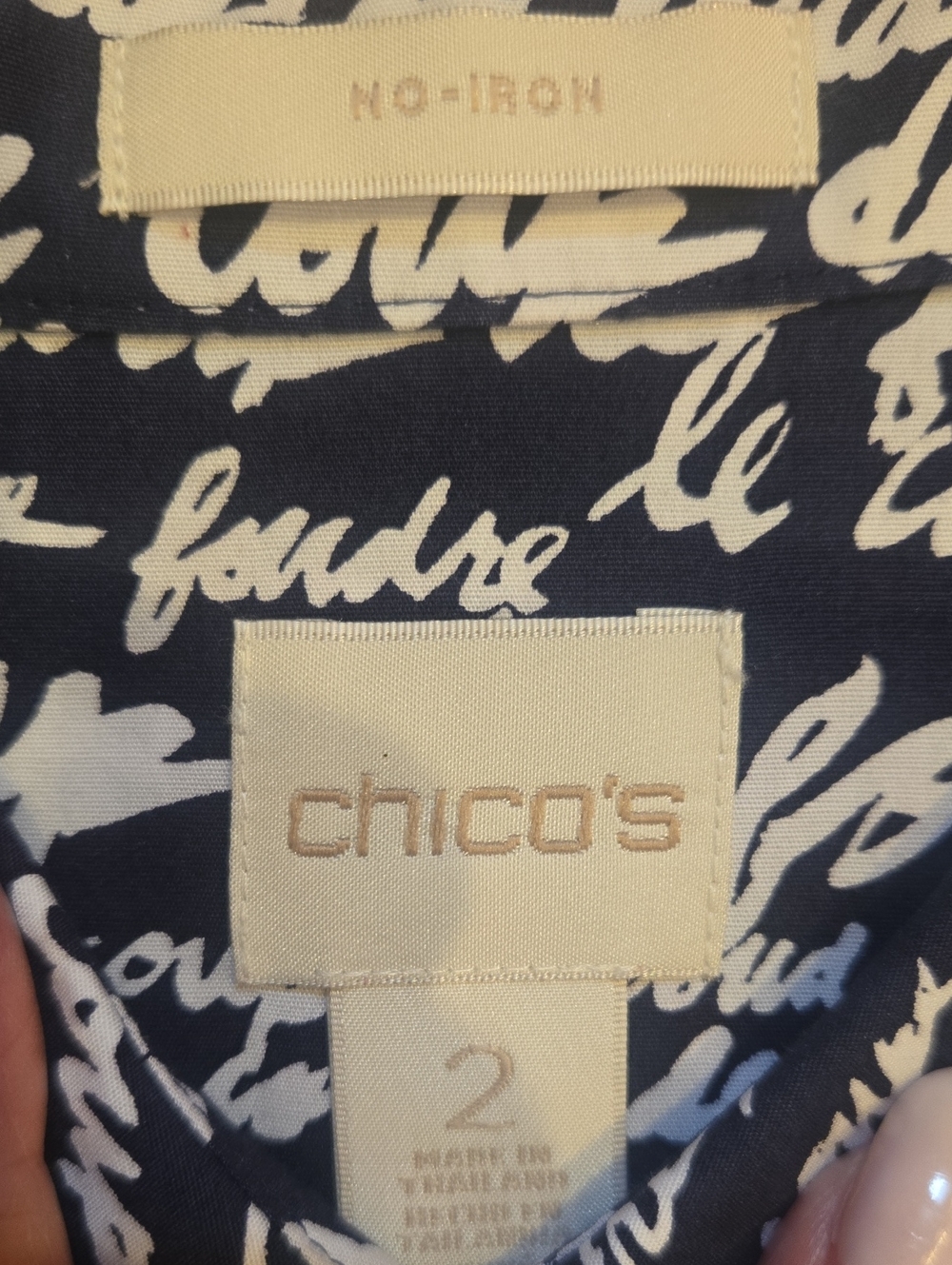 Chico's No Iron Deep Navy "Le Coup de Foudre" Button-Down Shirt - Picture 4 of 5